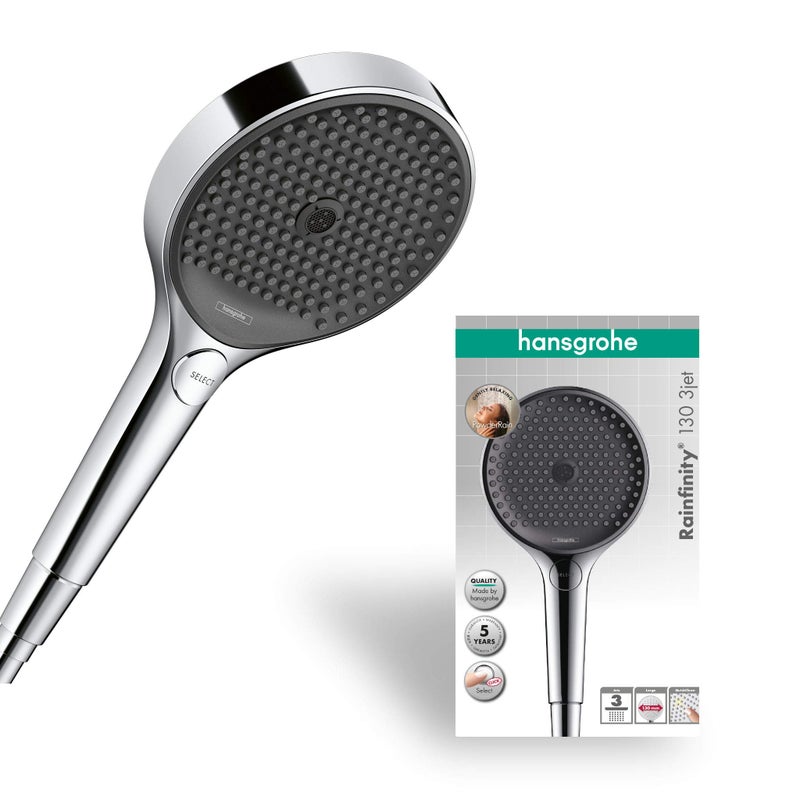 hansgrohe Rainfinity - shower head, hand shower round (âŒ€ 130 mm) with 3 sprays, with anti-limescale function, chrome, 26864000 - Packaging May Vary - Image 1